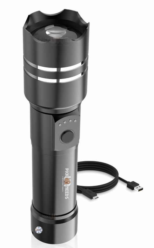 Pick Ur Needs 150W Rechargeable LED Torch offers powerful brightness, zoomable focus, 6 lighting modes, and a durable metal body. With a long-lasting 1800mAh battery, it's perfect for camping, emergencies, and everyday use.