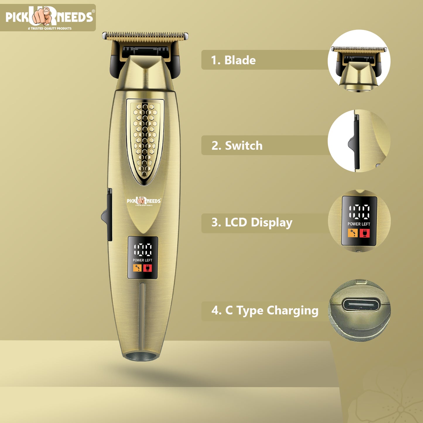 Pick Ur Needs Stylish Premium Design Hair Trimmer 180 min Runtime 3 Length Settings (Gold)