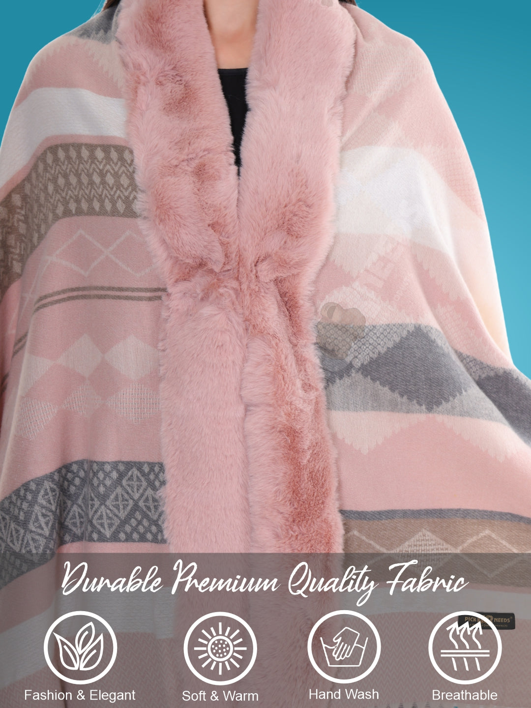 Pick Ur Needs Elegant Winter Soft & Warm Woolen Shawl with Faux Fur Border Multi Color Pattern Scarf