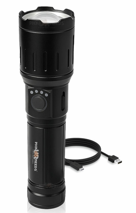 Pick Ur Needs 150W Rechargeable LED Torch. Featuring zoomable focus, 6 lighting modes, and a durable metal body, it's perfect for outdoor use, emergencies, and everyday tasks. Powered by a long-lasting 1800mAh battery.