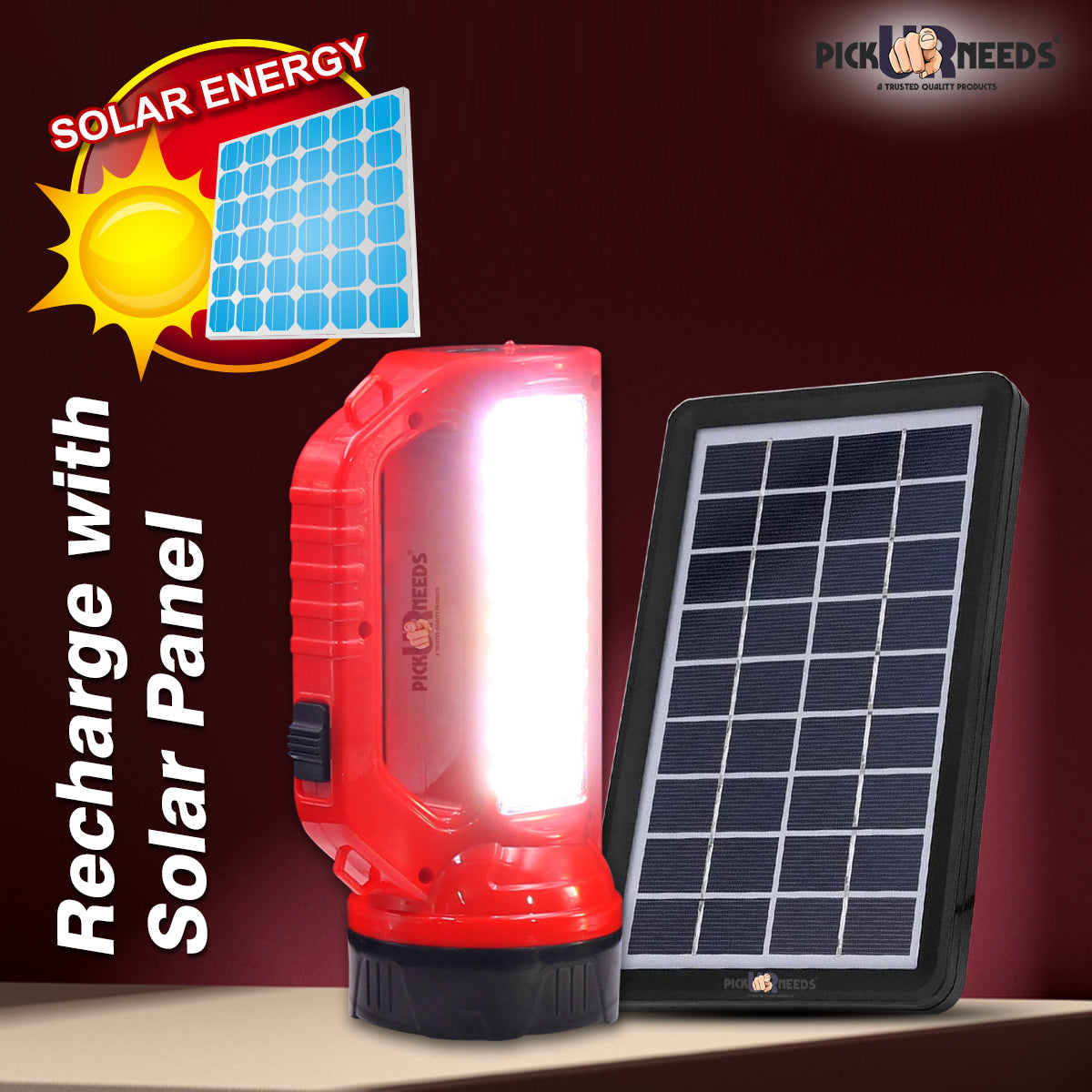 Pick Ur Needs Bright LED Rechargeable Flashlight 50W + 20 SMD Side Handheld with Eco Friendly Solar Panel (3W