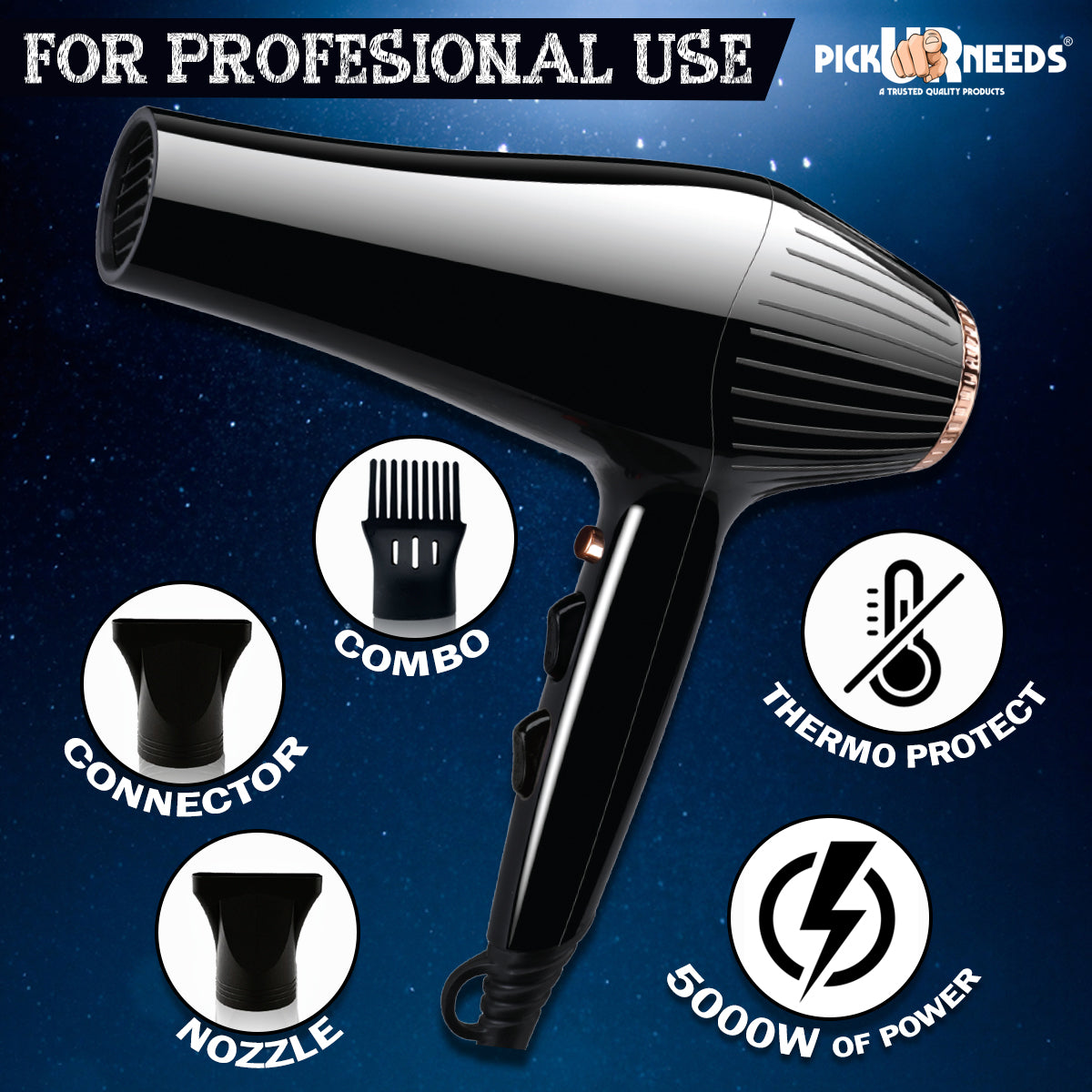 Pick Ur Needs Professional Stylish Hair Dryer With Over Heat Protection Hot And Cold Dryer Hair Dryer (5000 W, Black)