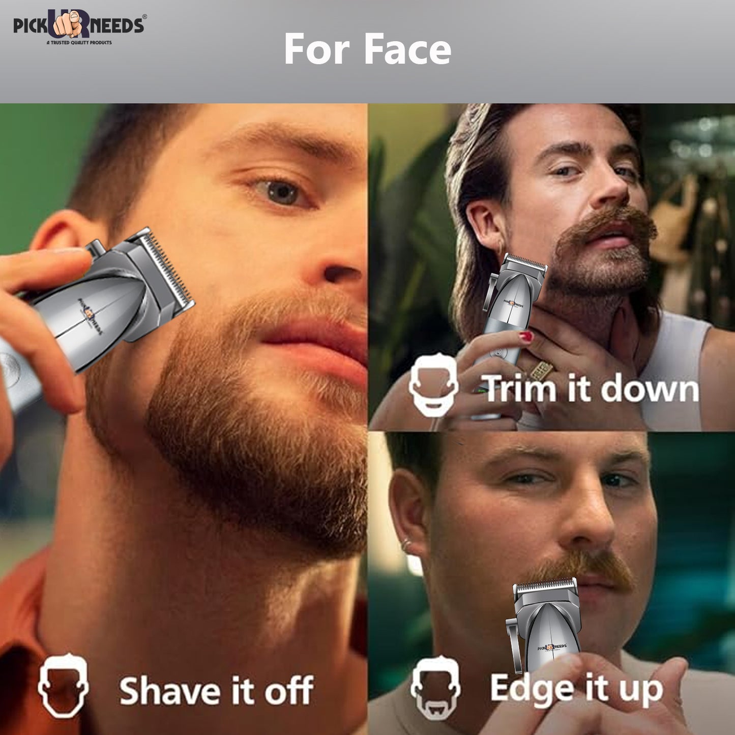 Pick Ur Needs Type C Rechargeable Hair Clipper / Beard Trimmer For Men With 4 Multiple Blades Trimmer 150 min Runtime 4 Length Settings (Grey)