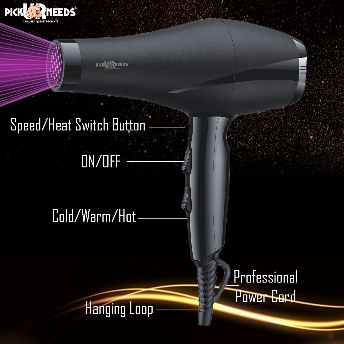 Pick Ur Needs Professional Hair Dryer With Overheat Protection 2 Speed / 3 Temperature Setting Hair Dryer (5000 W, Black)