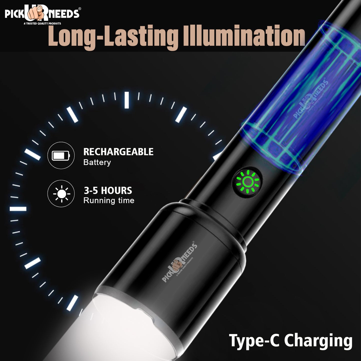 Pick Ur Needs Rechargeable Torch Light Adjustable Focus 3 Mode LED 50 Watt High Brightness LED Torch (Black, 17 cm, Rechargeable)