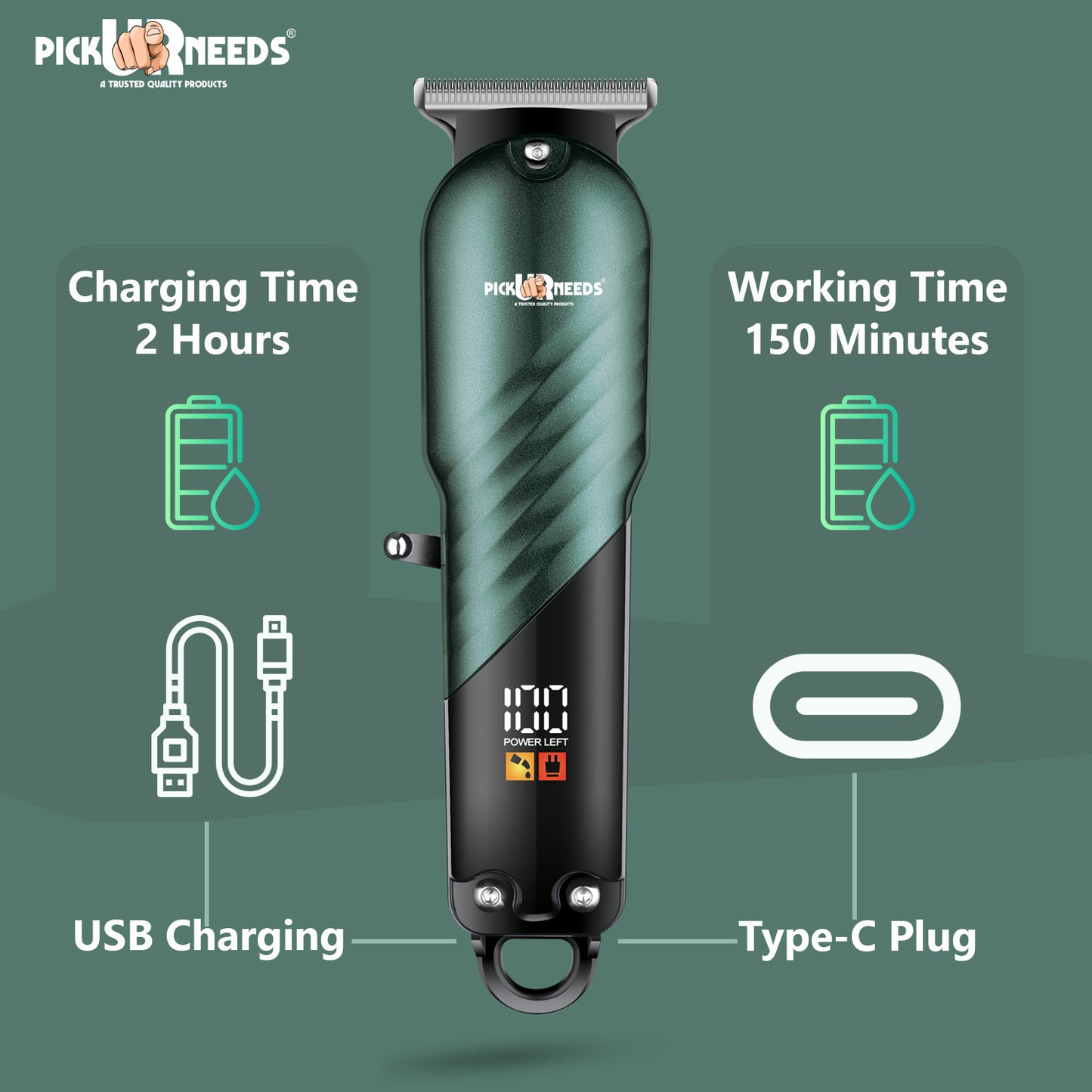 Pick Ur Needs High Performence Professional Hair Clipper / Shaver 4 In 1 Blades LED Display Trimmer 60 min Runtime 4 Length Settings (Green)