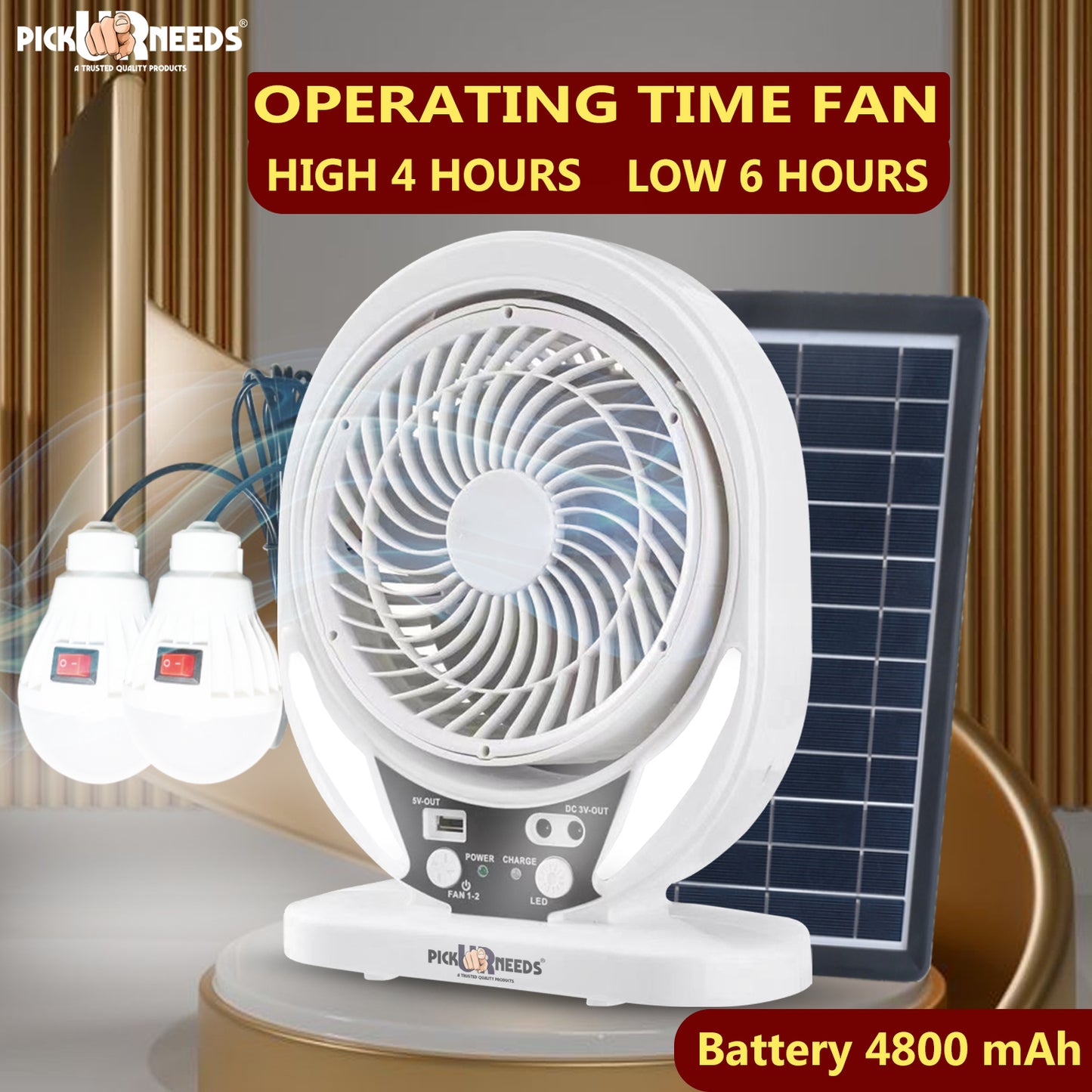 Pick Ur Needs Portable Solar Rechargeble Mini Desk Fan with 2 LED Light Bulb & Solar Panel 4500mAh Battery