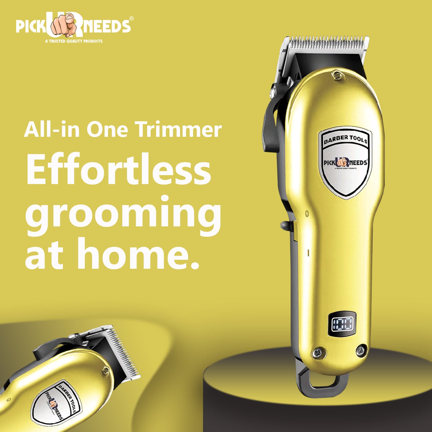 Professional Pick Ur Needs Rechargeable Hair Trimmer/Shaver With Smart LED 8 In 1 Blade Barber Trimmer 180 min Runtime 8 Length Settings (Gold)