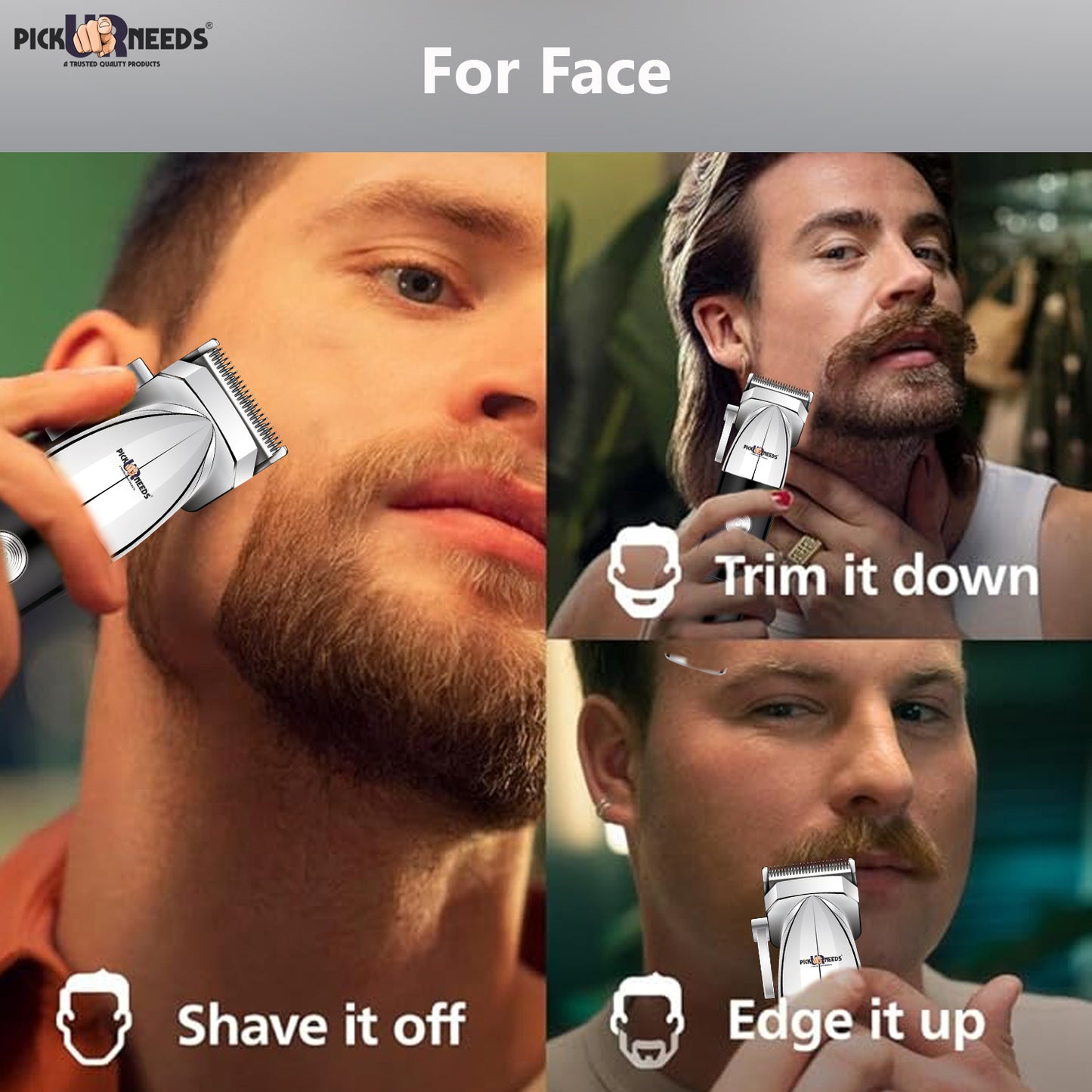 Pick Ur Needs Type C Rechargeable Hair Clipper / Beard Trimmer For Men With 4 Multiple Blades Trimmer 150 min Runtime 4 Length Settings (Grey)