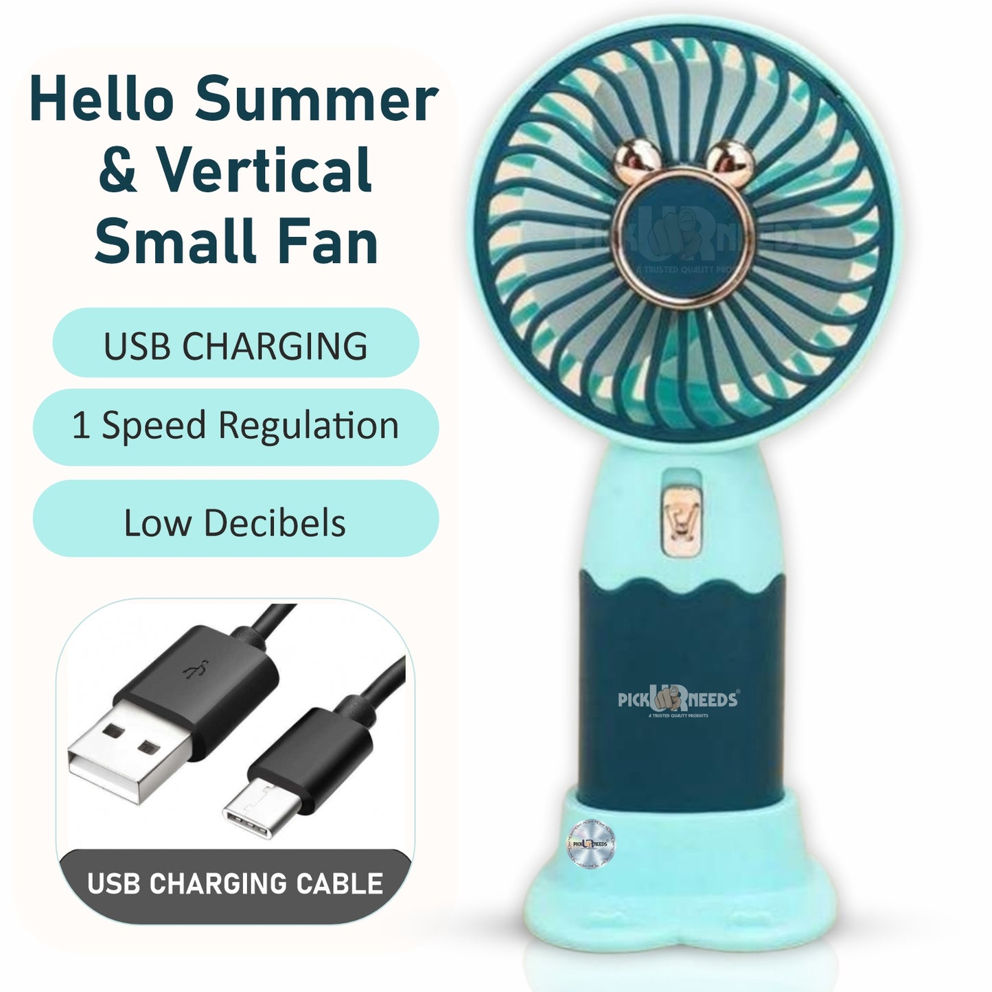 Pick Ur Needs Mini Portable Rechargeable Table Fan With Stand 1 Speed Mode USB Charging Port Hello Summer Mini Handy Fan