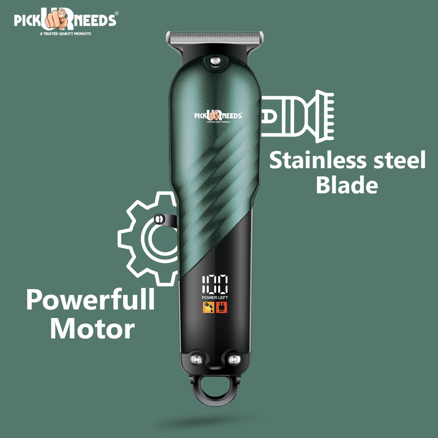 Pick Ur Needs High Performence Professional Hair Clipper / Shaver 4 In 1 Blades LED Display Trimmer 60 min Runtime 4 Length Settings (Green)