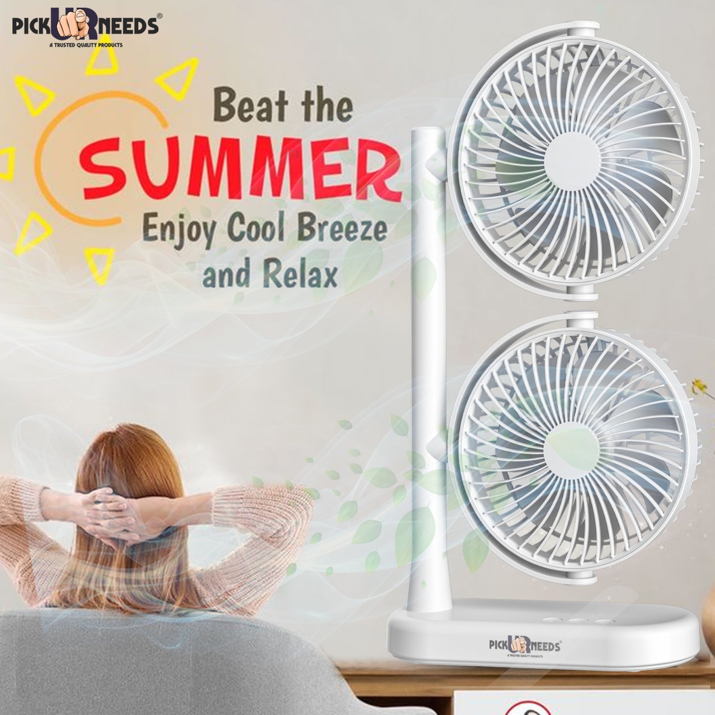Pick Ur Needs Rechargeable Desk Table Fan Electric Dual Head with Powerful Airflow for Office 4000mAh Battery 3 Speed Mode