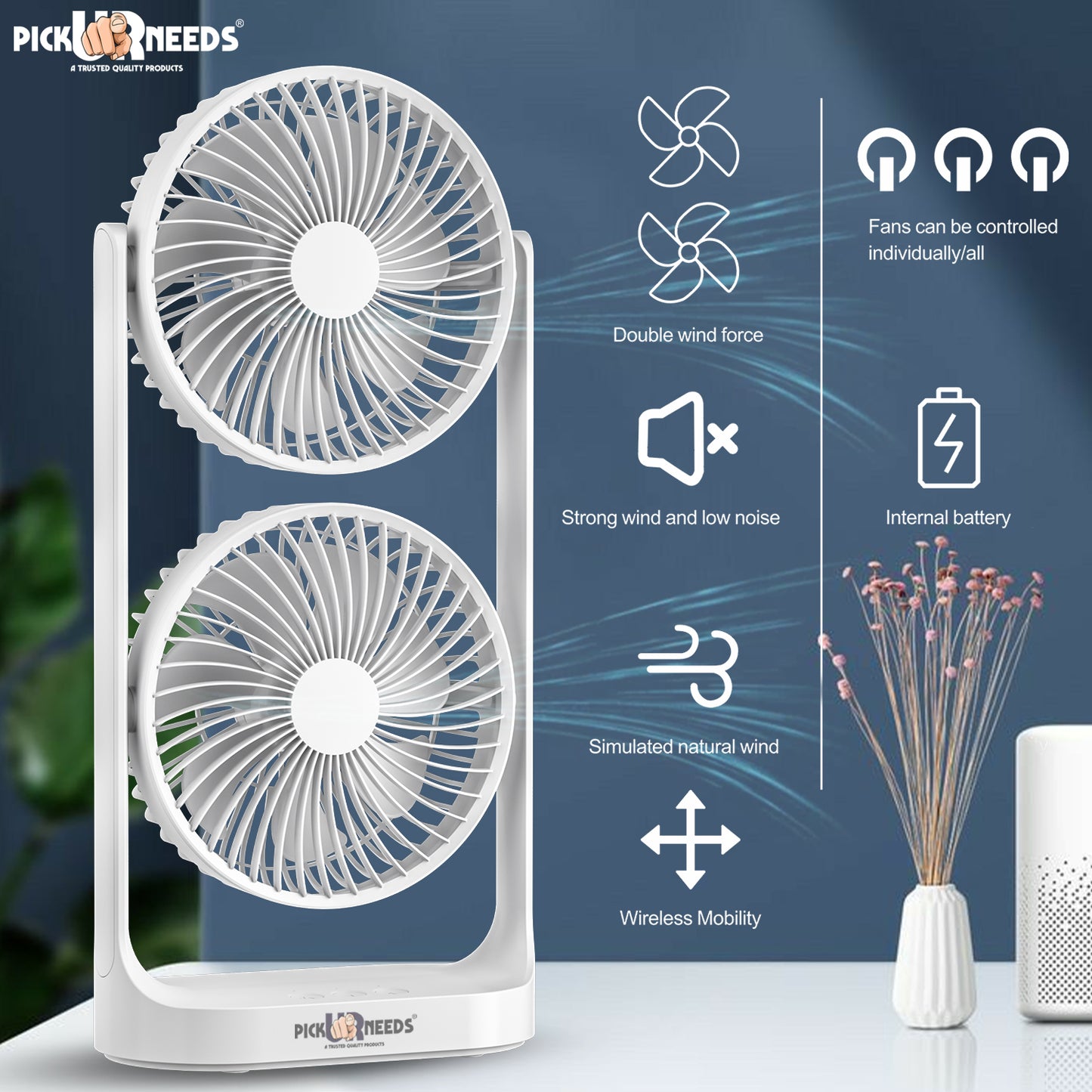 Pick Ur Needs Desk Table Fan Rechargeable Electric Dual Head with Powerful Airflow for Office 4000mAh Battery 3 Speed Mode