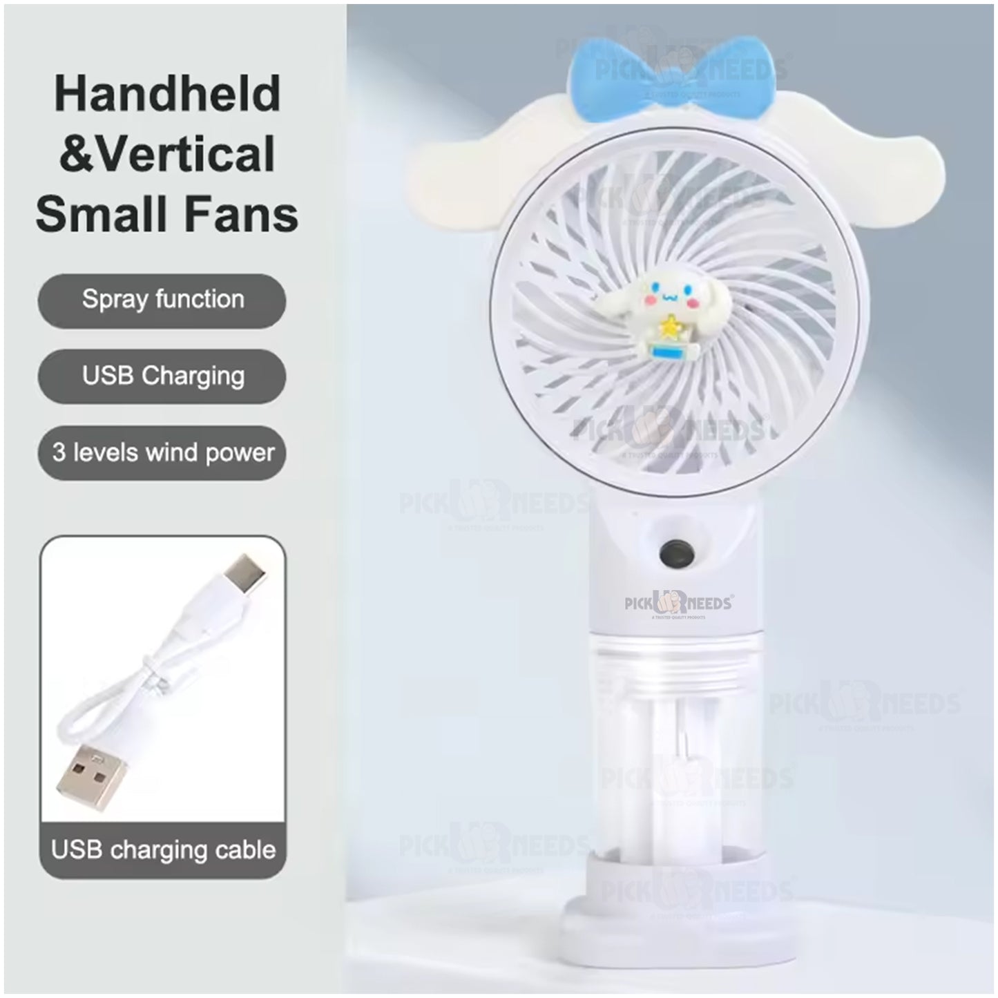 Pick Ur Needs Rechargeable Mini Handheld Fan With Water Spray Portable Fan USB Charging Port 3 mm 5 Blade Table Fan (White , Blue | Pack of 1)