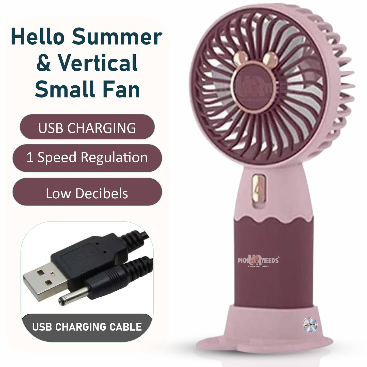 Pick Ur Needs Mini Portable Rechargeable Table Fan With Stand 1 Speed Mode USB Charging Port Hello Summer Mini Handy Fan