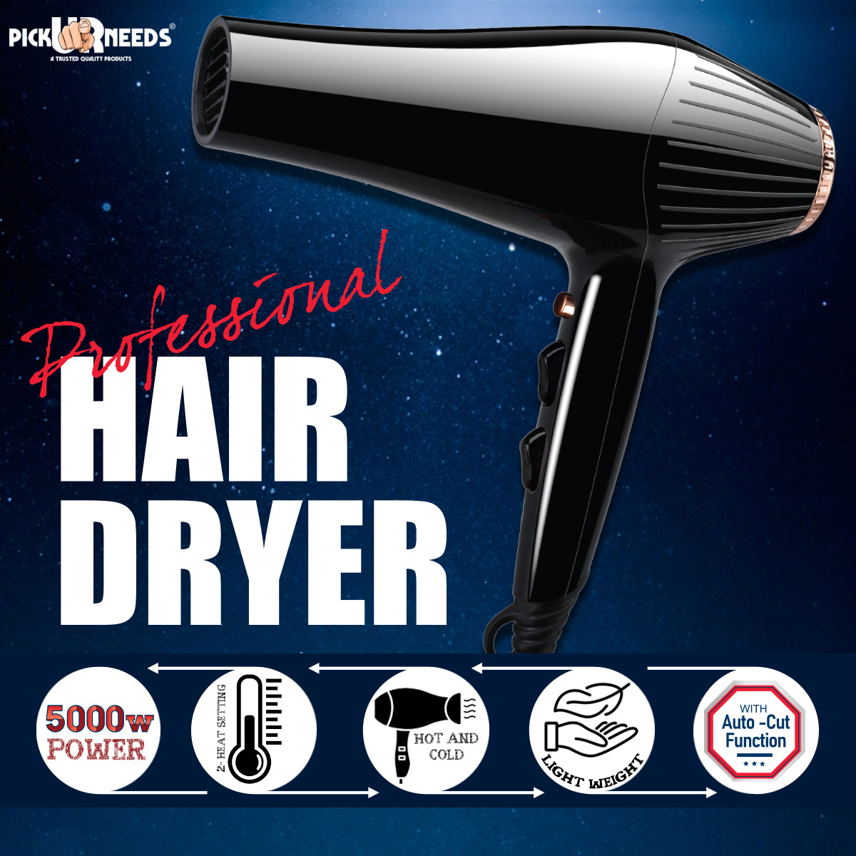 Pick Ur Needs Professional Stylish Hair Dryer With Over Heat Protection Hot And Cold Dryer Hair Dryer (5000 W, Black)