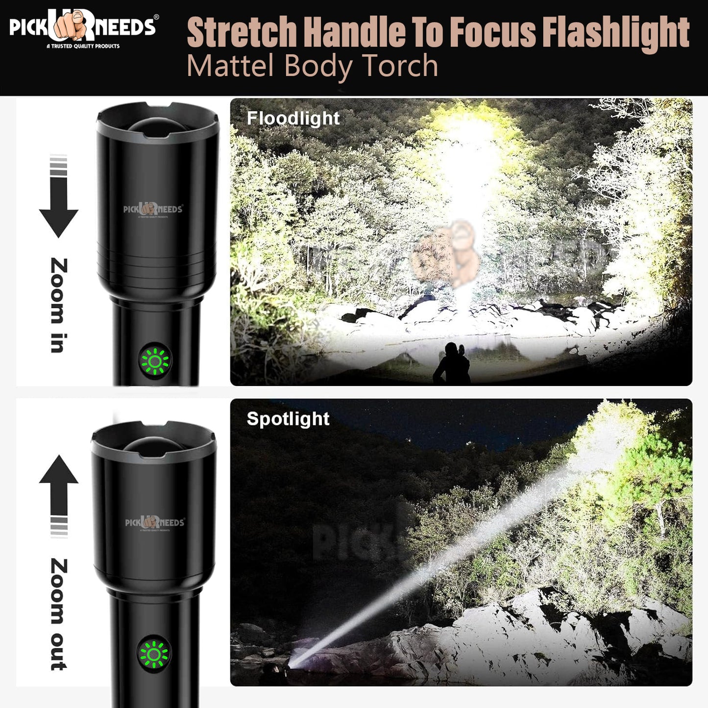 Pick Ur Needs Rechargeable Torch Light Adjustable Focus 3 Mode LED 50 Watt High Brightness LED Torch (Black, 17 cm, Rechargeable)