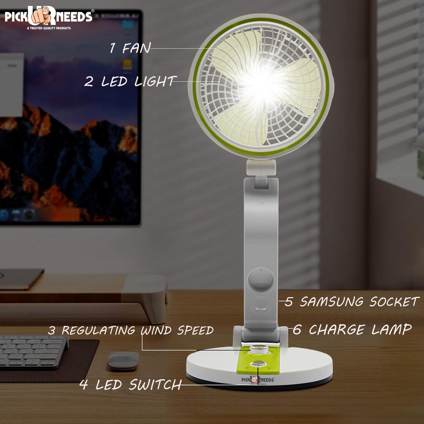 Pick Ur Needs Rechargeable Tabletop Personal Mini USB Rechargeable Desk Fan with LED Light, Camping Fan for Home Office