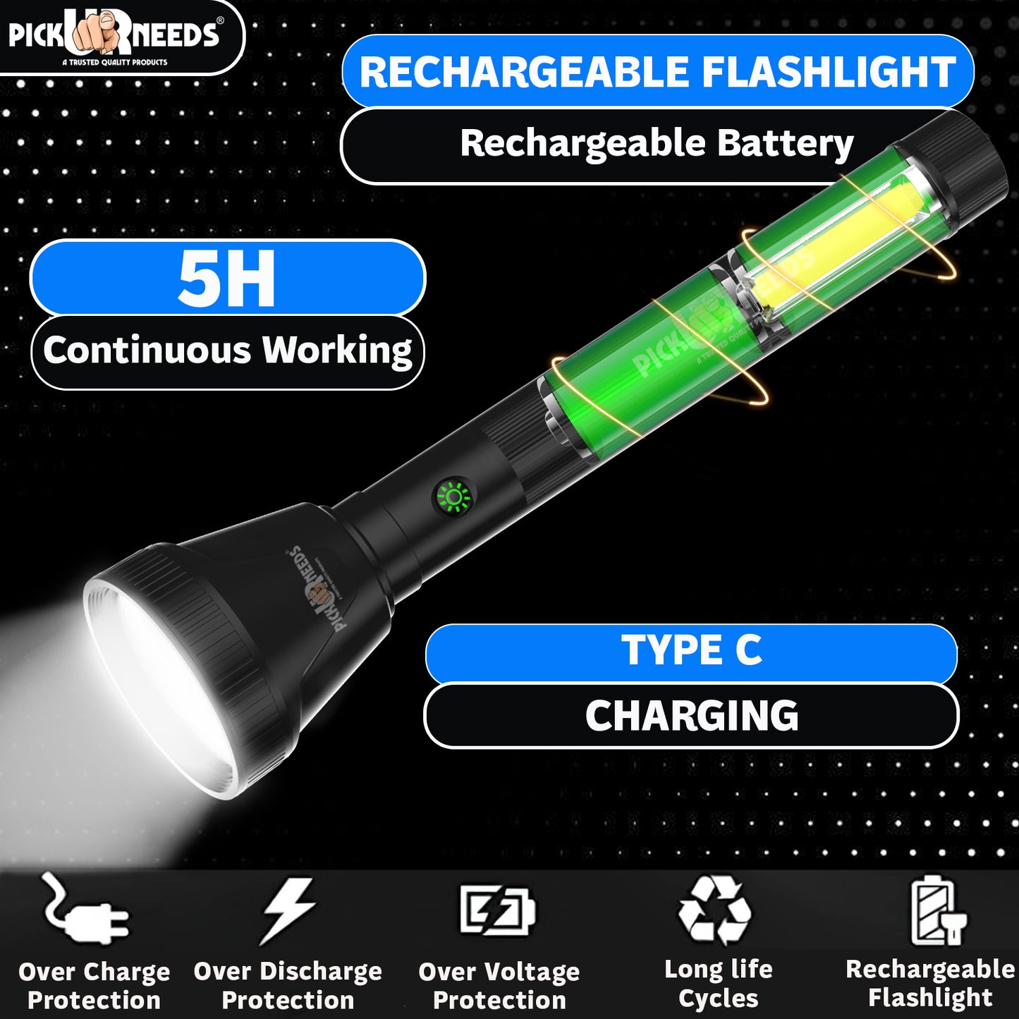 Pick Ur Needs Rechargeable 75W Search Torch+ COB With Strong Brightness 3 Mode LED Light 5 hrs Torch Emergency Light (Black)