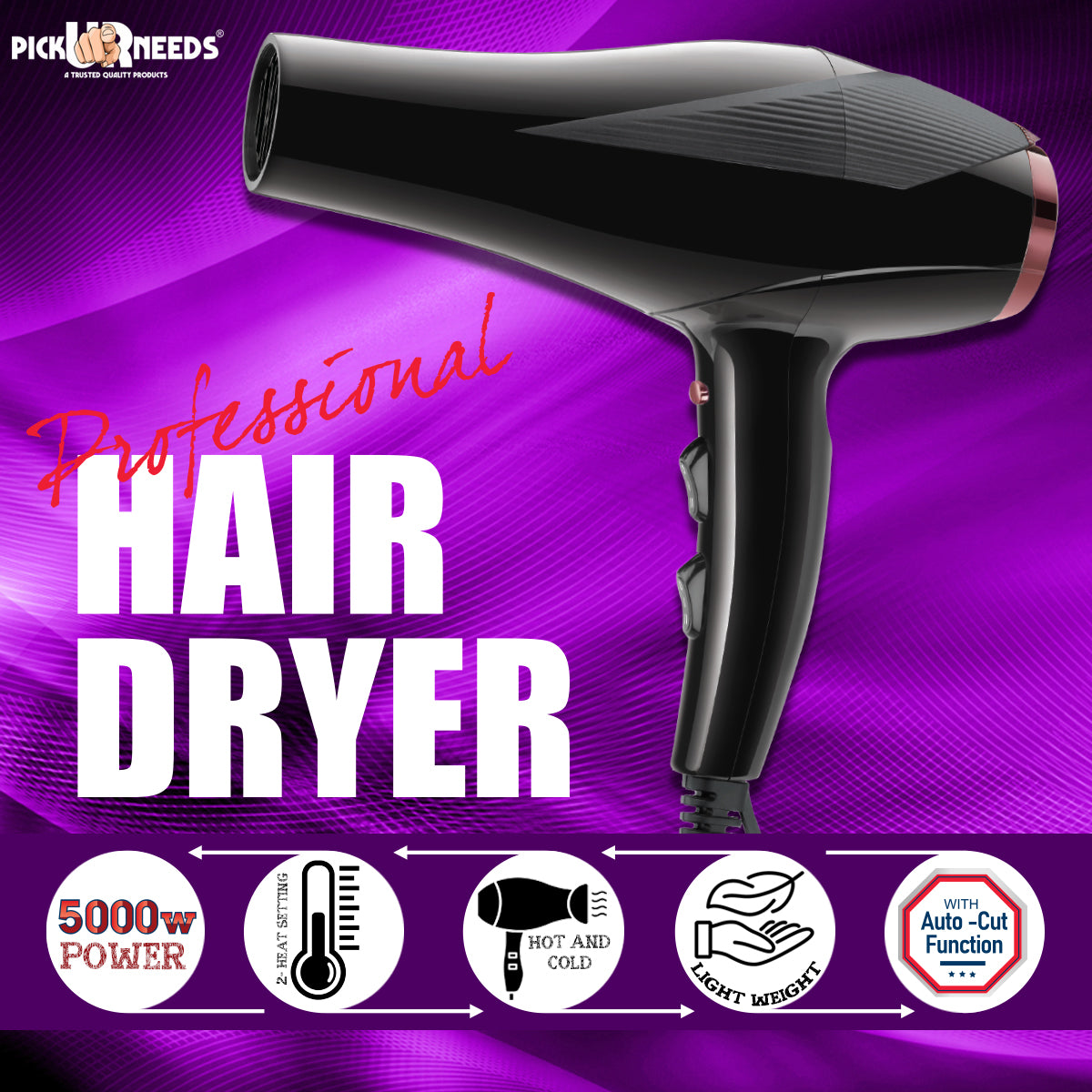 Pick Ur Needs Professional Stylish Hair Dryer With Over Heat Protection Hot And Cold Dryer Hair Dryer WIth Comb Reduser Hair Dryer (5000 W, Black)