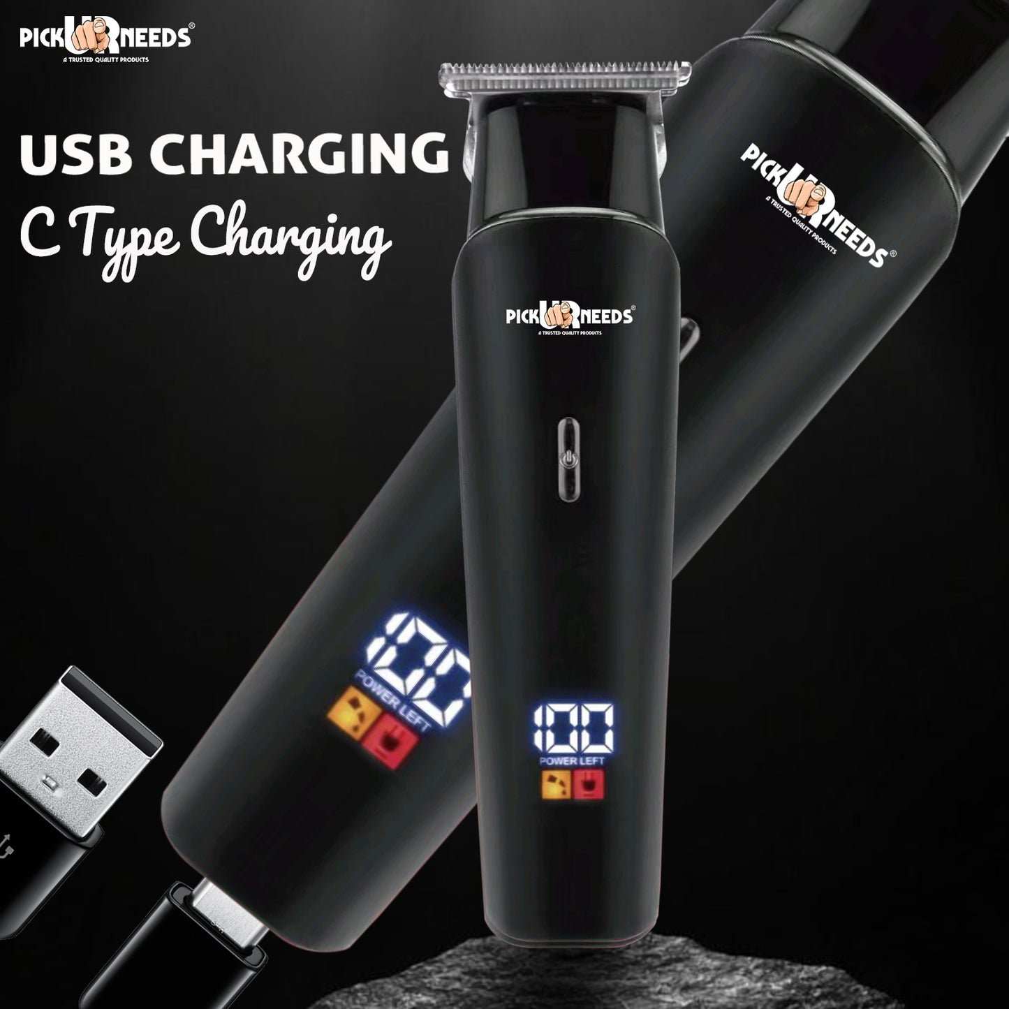 Pick Ur Needs Rechargeable Beard Trimmer / Hair Clipper 3 In 1 Adjustment Blade Type C Charge Trimmer 120 min Runtime 3 Length Settings (Black)