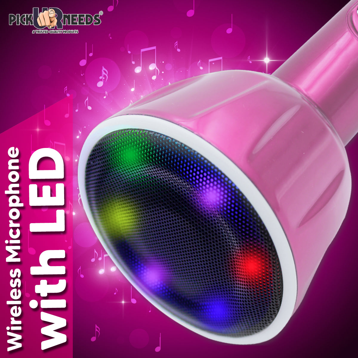 Pick Ur Needs Superier Quality With LED Wireless Bluetooth Microphone Connection Player Speaker 2-in1 With Recording + USB+FM Microphone (Pink)