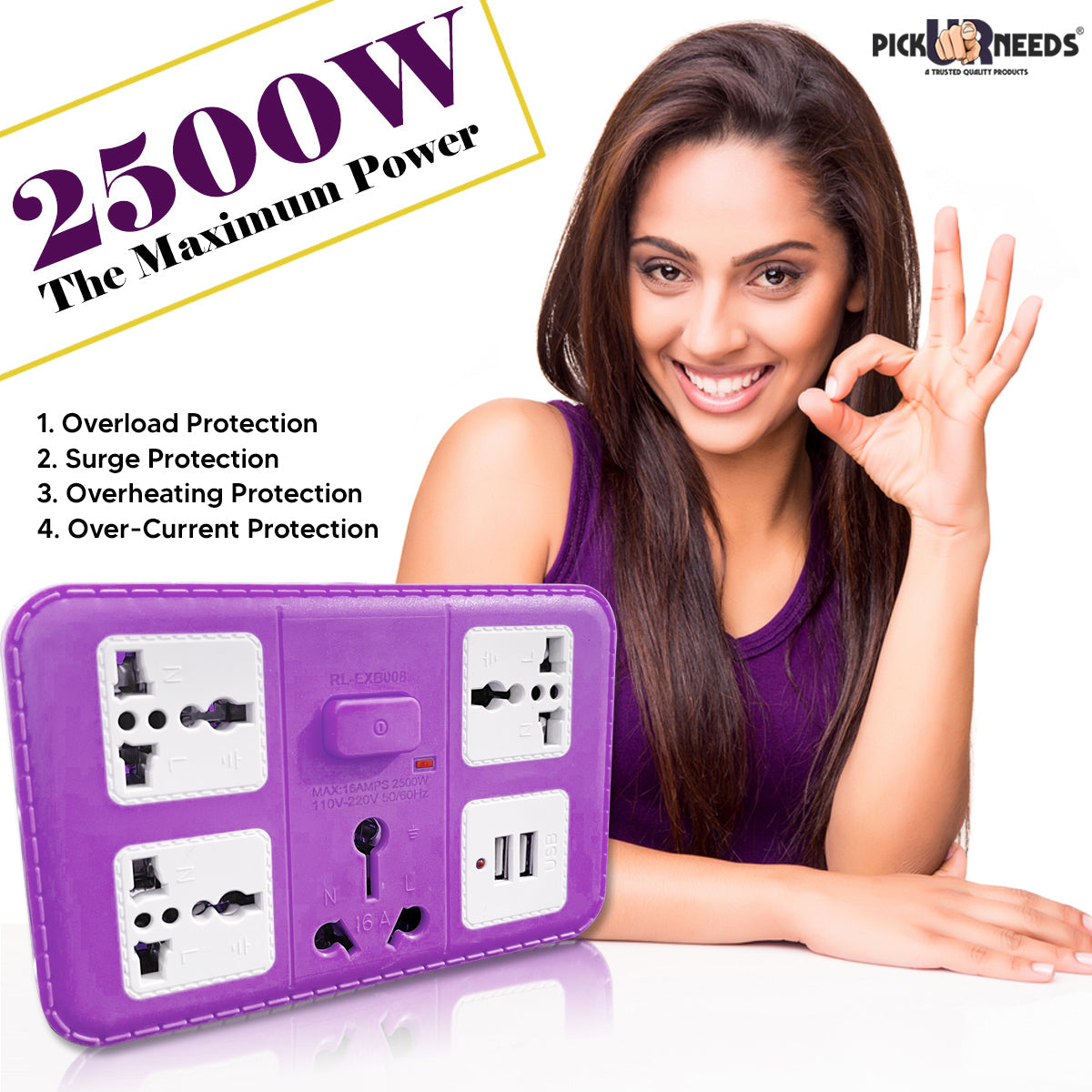 Pick Ur Needs 220 volts Extension Cord with 2 USB Charging Ports and 3 Socket + 1 Master Switch - 16 AMP Heavy Duty for Multiple