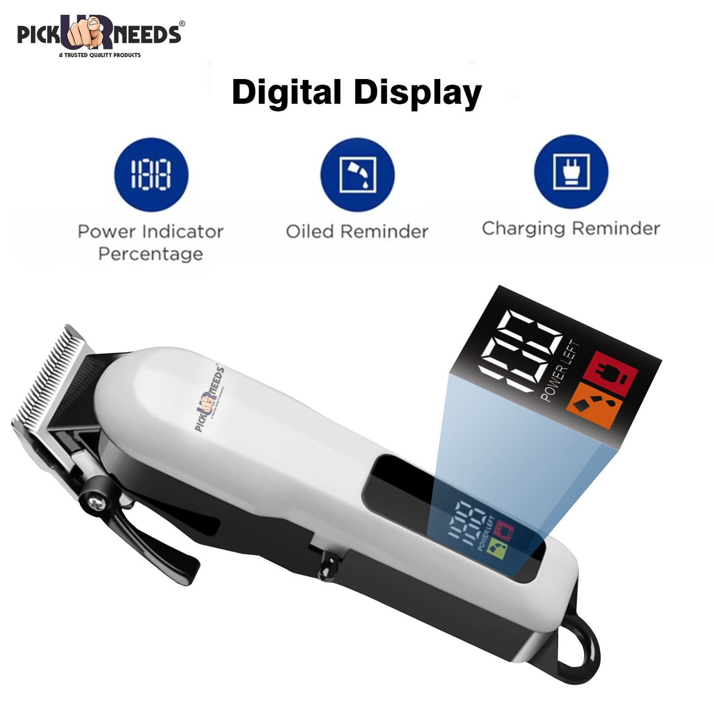Professional Rechargeable Pick Ur Needs Hair Clipper / Trimmer For Men With LED Smart Display Trimmer 180 min Runtime 8 Length Settings (White)