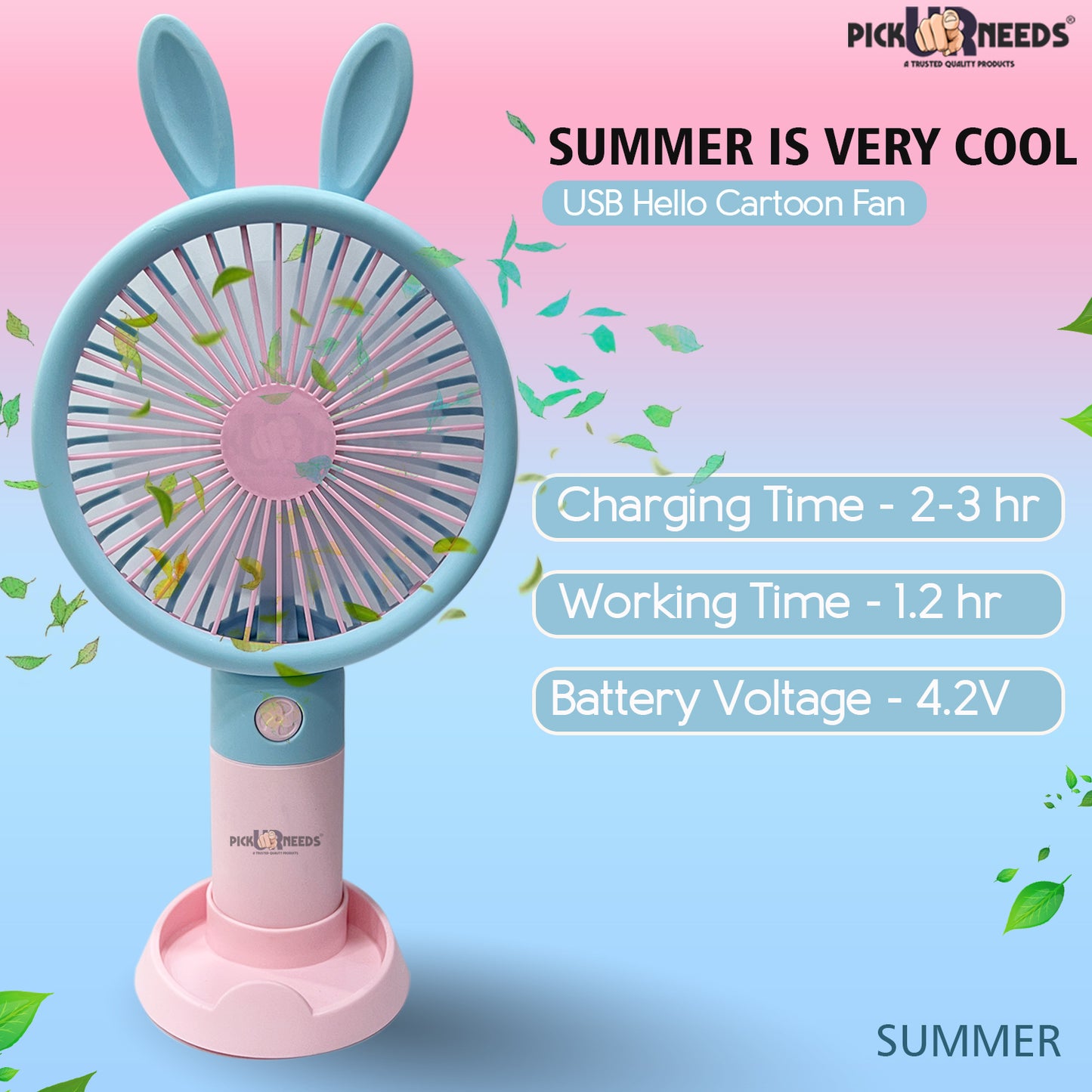 Pick Ur Needs Mini Handheld Rechargeable Portable Fan Small Cartoon Design USB Charging 5 Blade Portable Table Fan