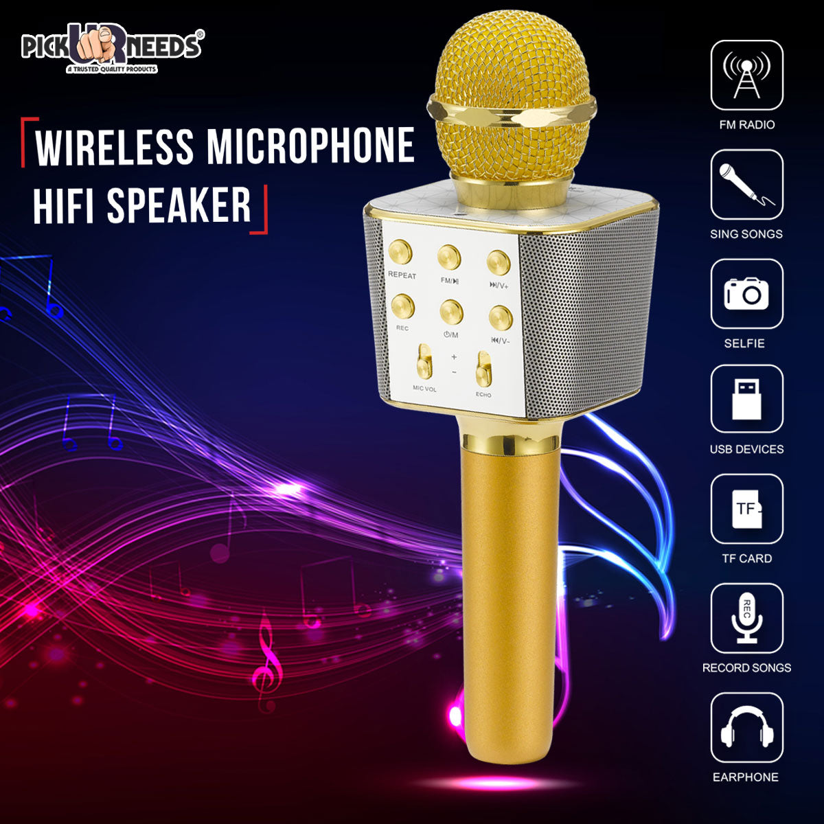 Pick Ur Needs Karaoke Mic with Led Light Wireless Bluetooth Microphone Connection Player Speaker 2-in1 with Recording + USB+FM