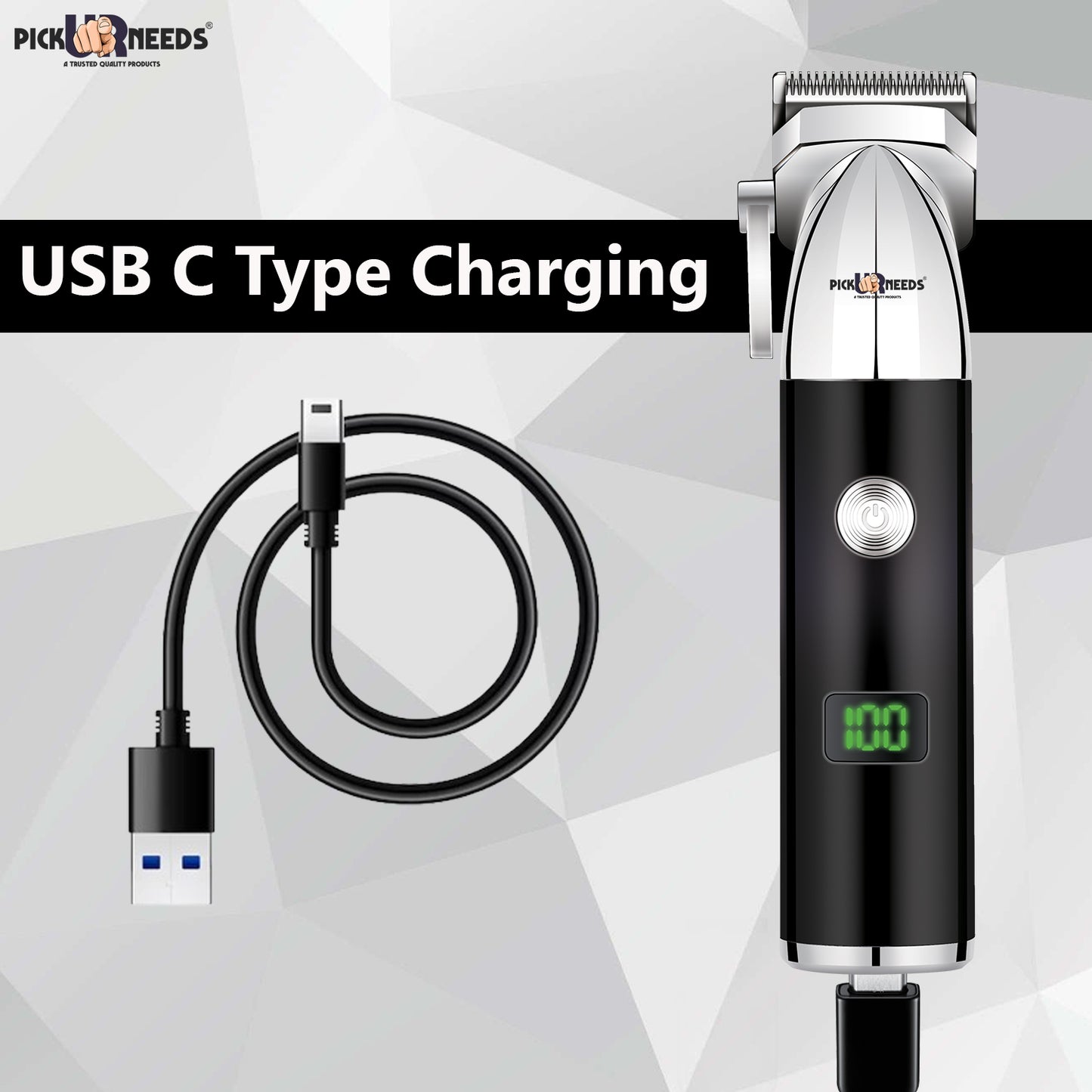 Pick Ur Needs Type C Rechargeable Hair Clipper / Beard Trimmer For Men With 4 Multiple Blades Trimmer 150 min Runtime 4 Length Settings (Grey)