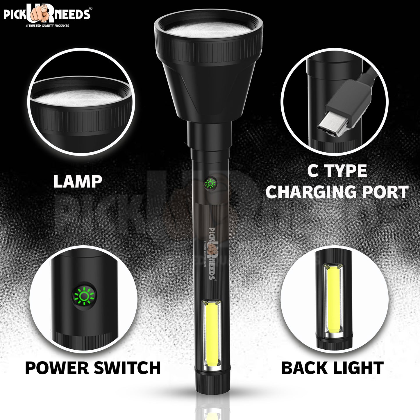 Pick Ur Needs Rechargeable 75W Search Torch+ COB With Strong Brightness 3 Mode LED Light 5 hrs Torch Emergency Light (Black)