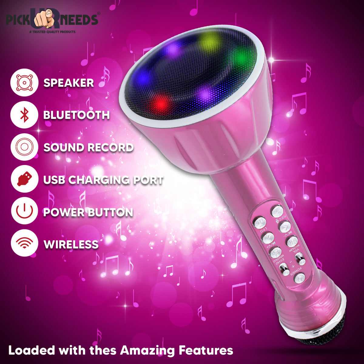 Pick Ur Needs Superier Quality With LED Wireless Bluetooth Microphone Connection Player Speaker 2-in1 With Recording + USB+FM Microphone (Pink)
