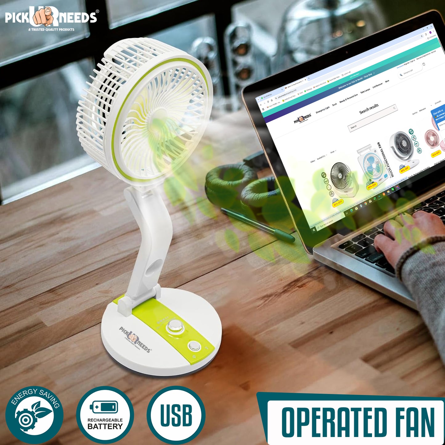 Pick Ur Needs Rechargeable Tabletop Personal Mini USB Rechargeable Desk Fan with LED Light, Camping Fan for Home Office