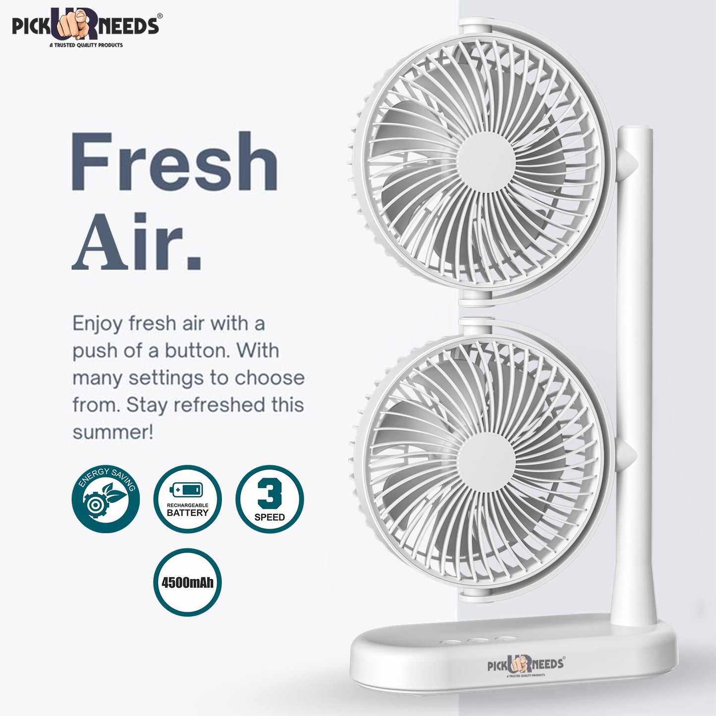 Pick Ur Needs Rechargeable Desk Table Fan Electric Dual Head with Powerful Airflow for Office 4000mAh Battery 3 Speed Mode