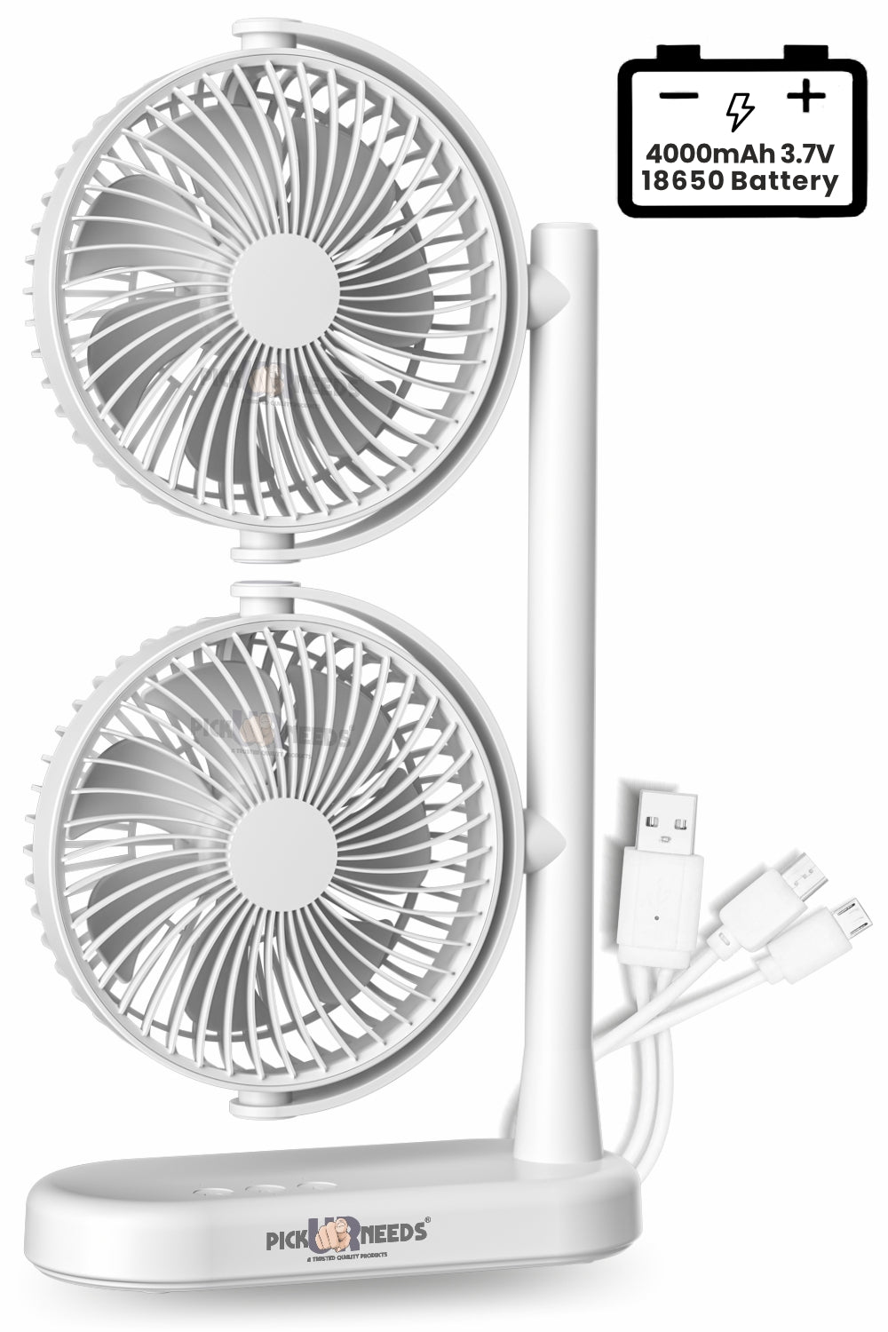 Pick Ur Needs Rechargeable Desk Table Fan Electric Dual Head with Powerful Airflow for Office 4000mAh Battery 3 Speed Mode