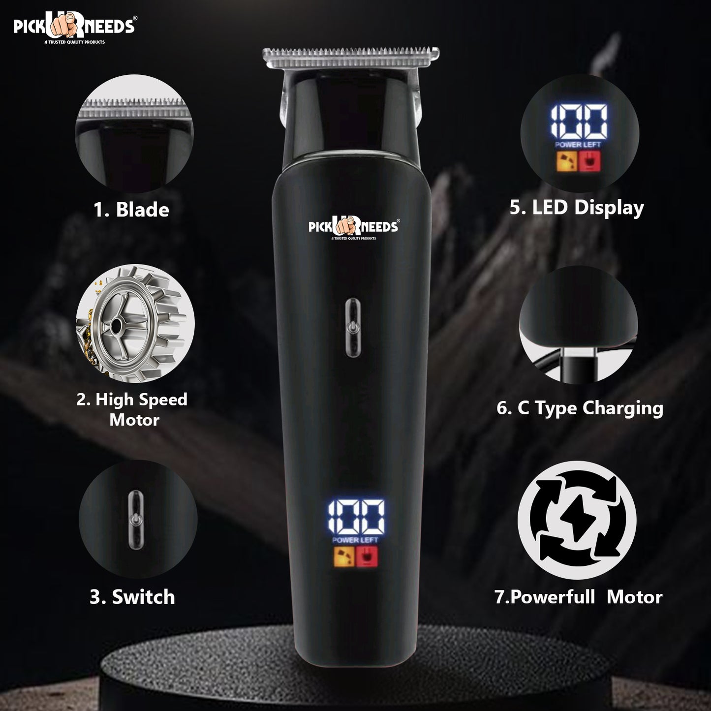 Pick Ur Needs Rechargeable Beard Trimmer / Hair Clipper 3 In 1 Adjustment Blade Type C Charge Trimmer 120 min Runtime 3 Length Settings (Black)