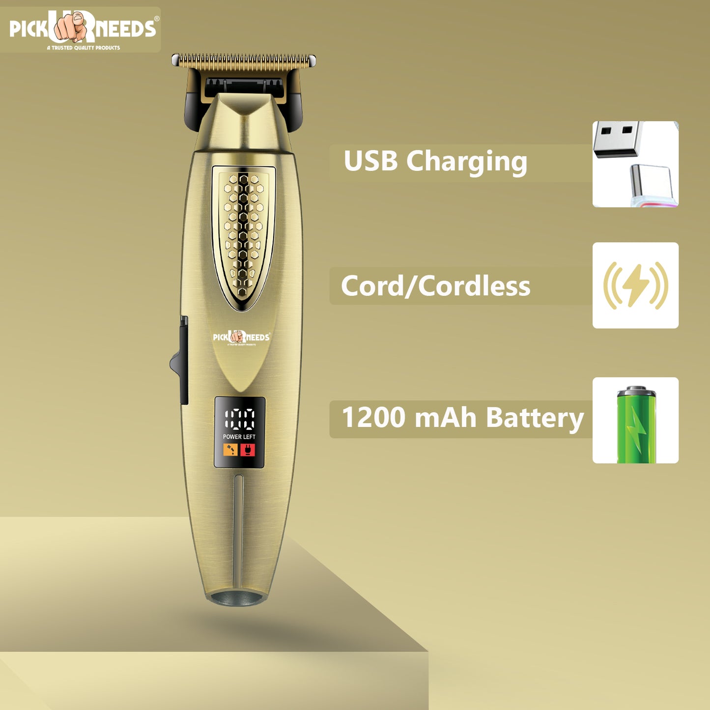 Pick Ur Needs Stylish Premium Design Hair Trimmer 180 min Runtime 3 Length Settings (Gold)