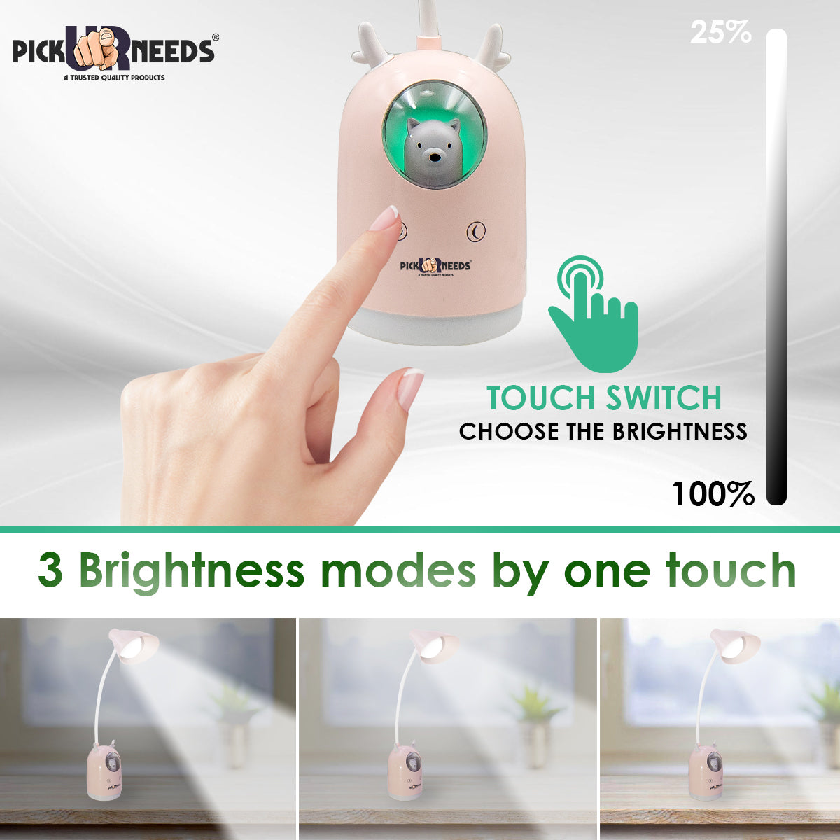 Pick Ur Needs Cute Bear Rechargeable LED Desk Lamp with Touch Switch & Flexible Gooseneck Eye-Caring 3 Lighting Mode (White/Pink)(Color As Per Availability) Study Lamp (21 cm, Light Green)