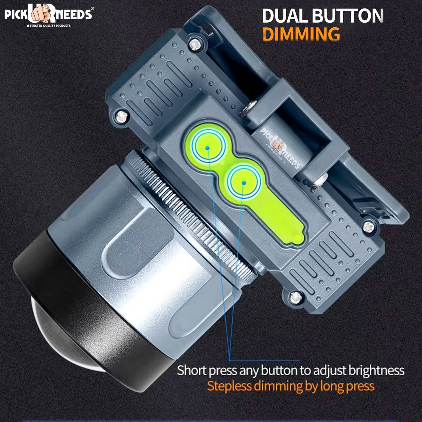 Pick Ur Needs Rechargeable Aluminium Body Head Lamp 3 Mode LED Zooming Head 200W Laser Type C 5 hrs Torch Emergency Light