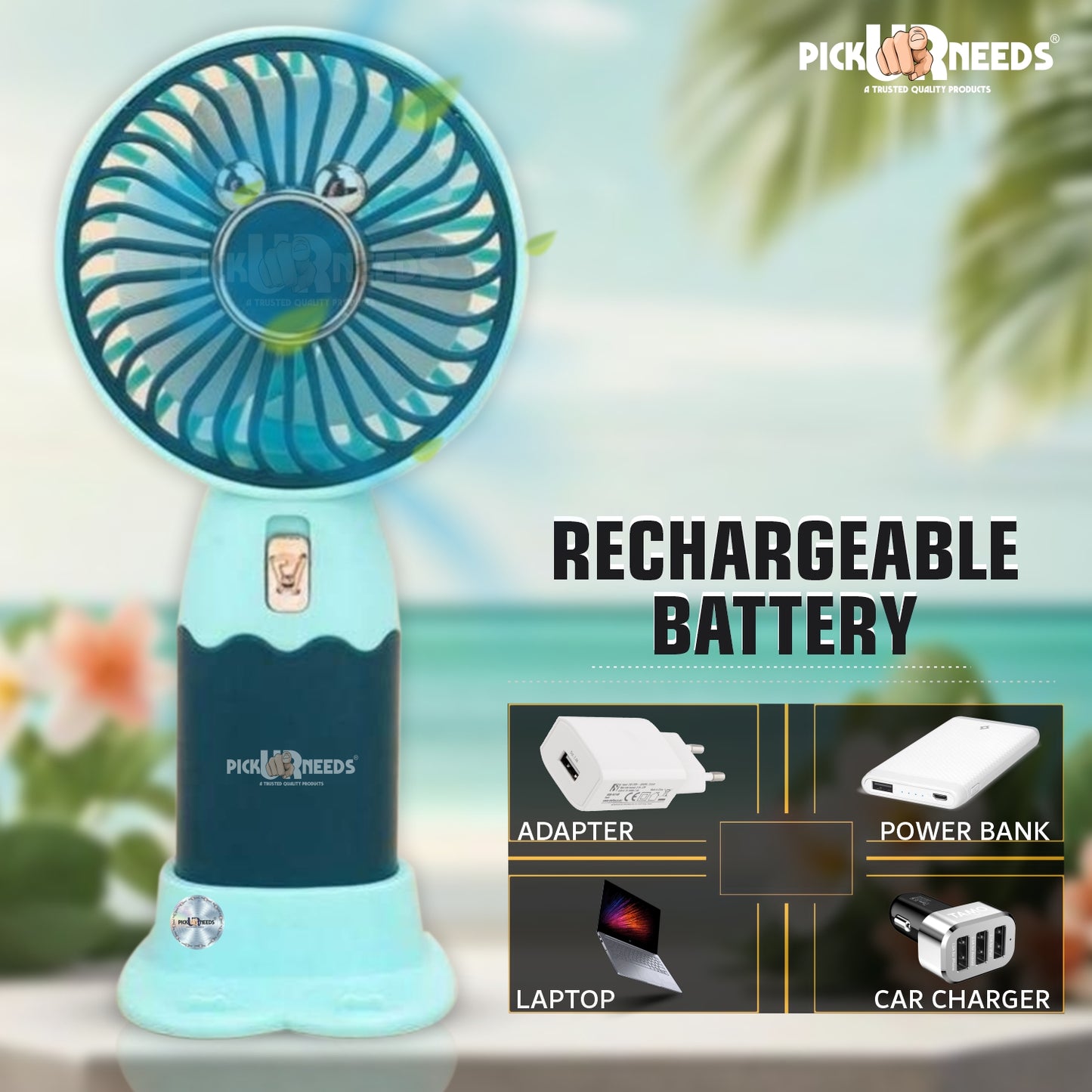 Pick Ur Needs Mini Portable Rechargeable Table Fan With Stand 1 Speed Mode USB Charging Port Hello Summer Mini Handy Fan