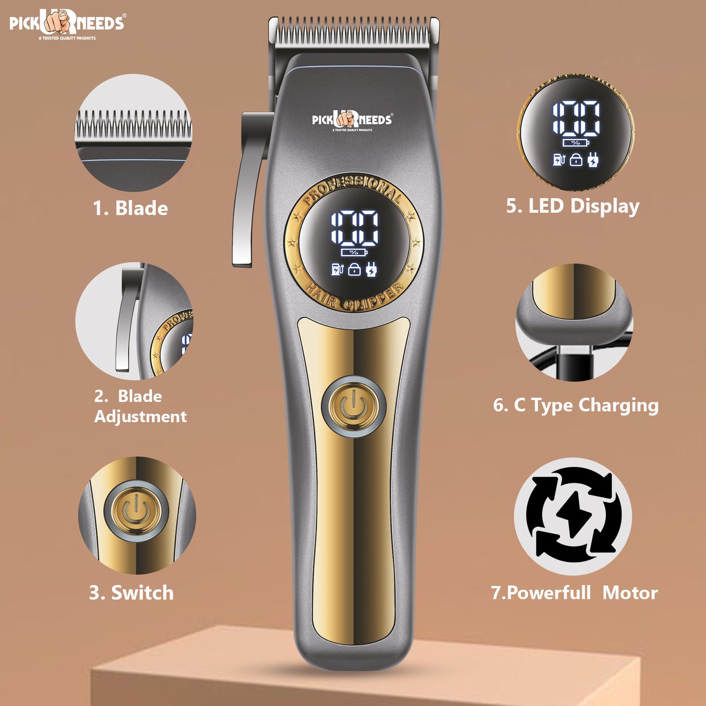Pick Ur Needs Professional Hair Trimmer / Clipper / Shaver With 4 Adjustment Blades Child Lock Trimmer 180 min Runtime 4 Length Settings (Grey)