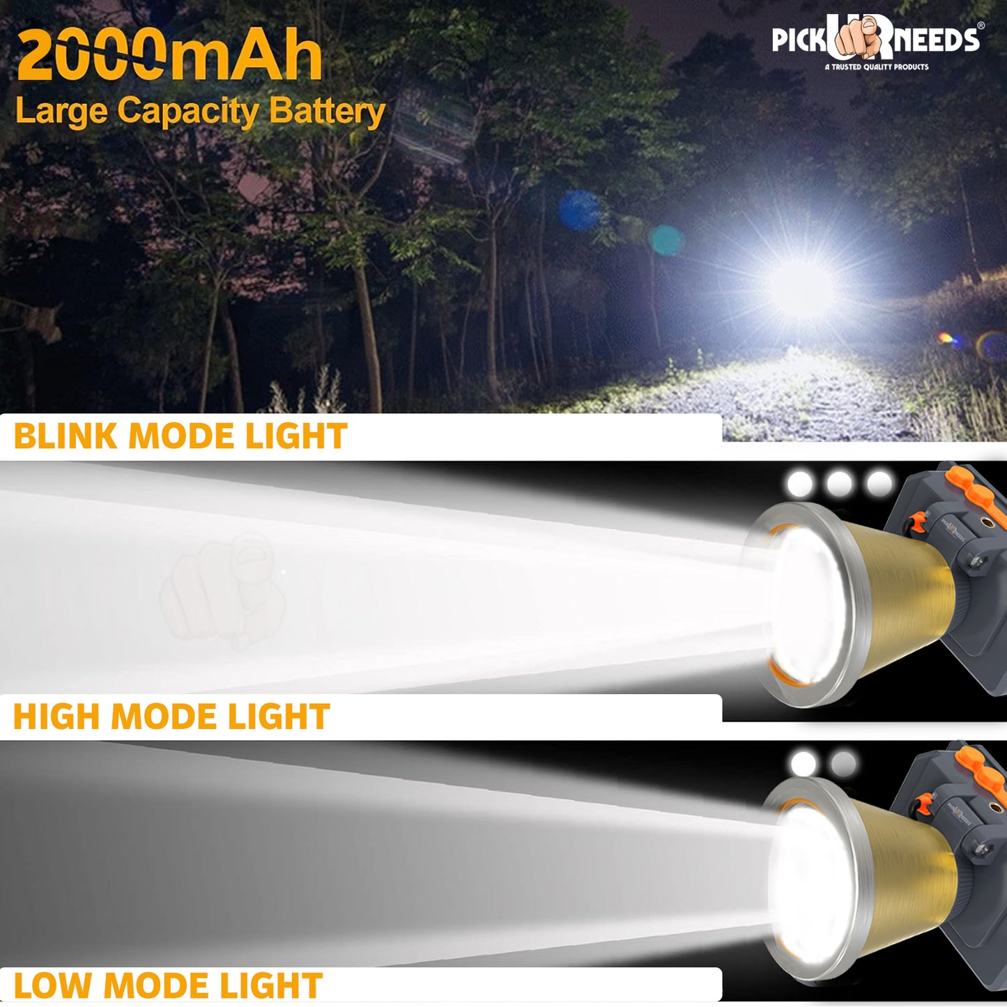 Pick Ur Needs Chargeable Head Lamp 3 Blink Mode Aluminum Body 4000mAh Battery 200W Bright LED 5 hrs Torch Emergency Light