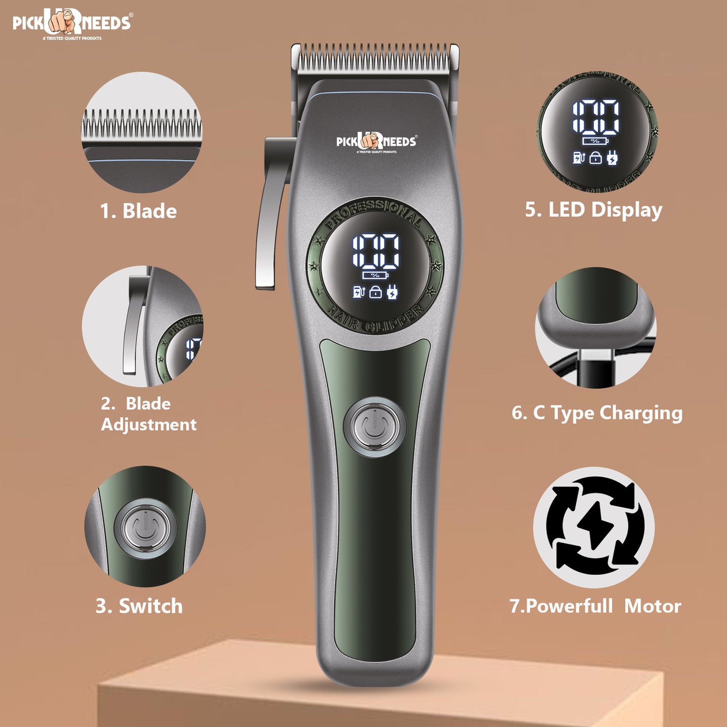 Pick Ur Needs Professional Hair Trimmer / Clipper / Shaver With 4 Adjustment Blades Child Lock Trimmer 180 min Runtime 4 Length Settings (Grey)