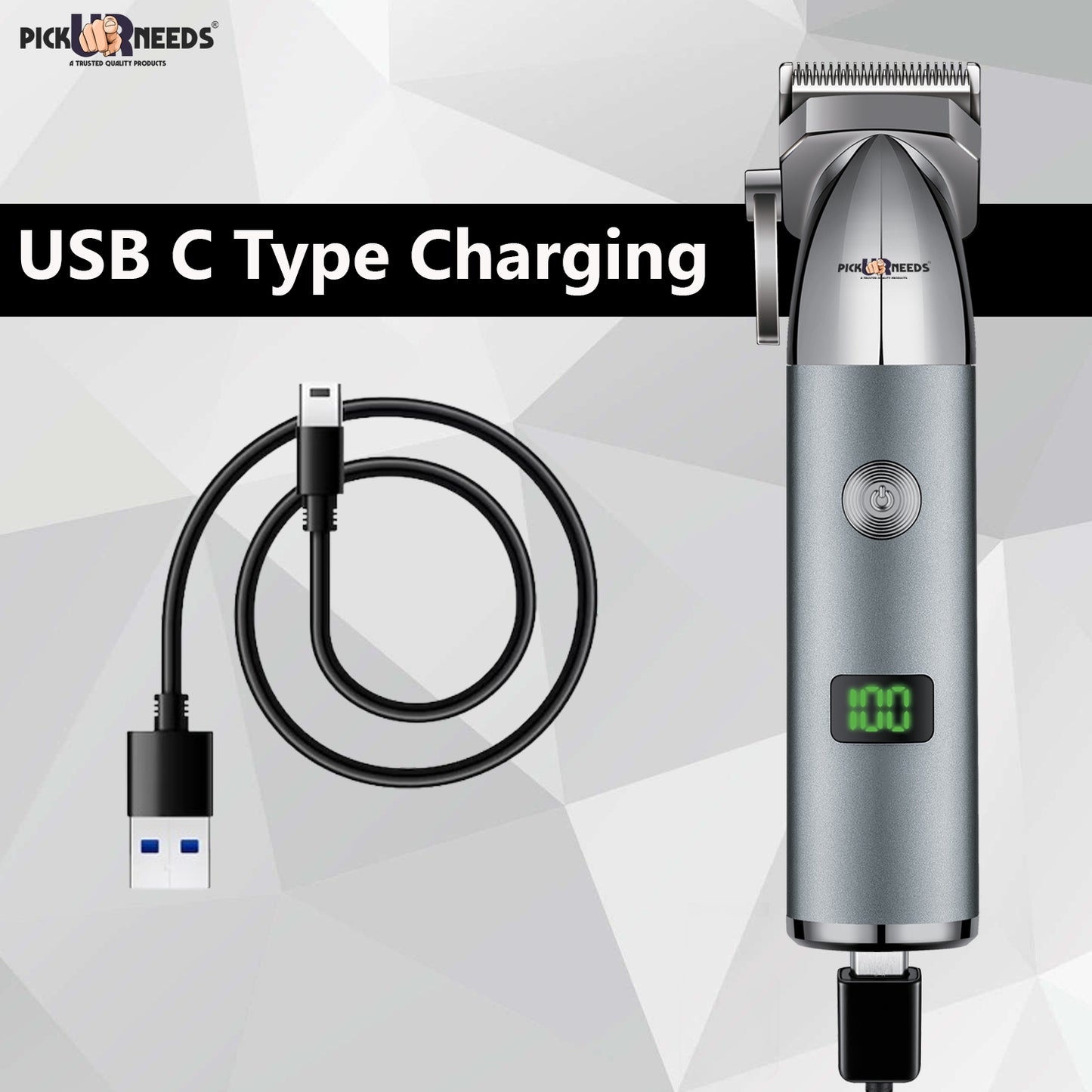Pick Ur Needs Type C Rechargeable Hair Clipper / Beard Trimmer For Men With 4 Multiple Blades Trimmer 150 min Runtime 4 Length Settings (Grey)