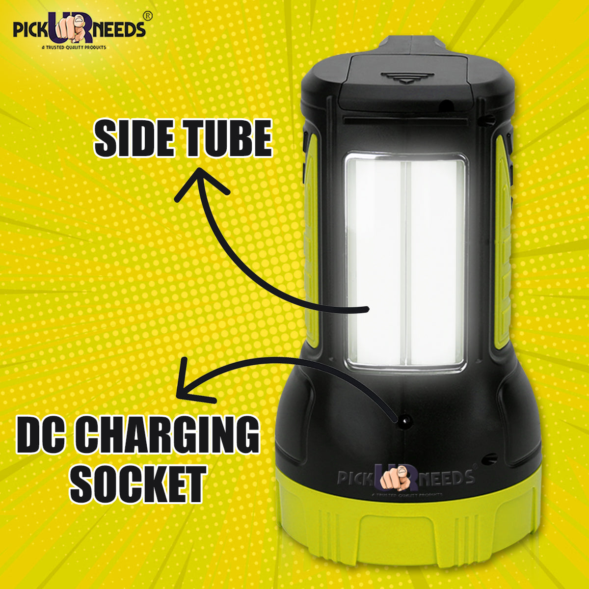 Pick Ur Needs Solar Rechargeable LED Torch Light with Lantern | Dual Light Modes (Low/High) | 4H Charging, 6H Backup | 2500mAh Battery | Portable Emergency Camping Light
