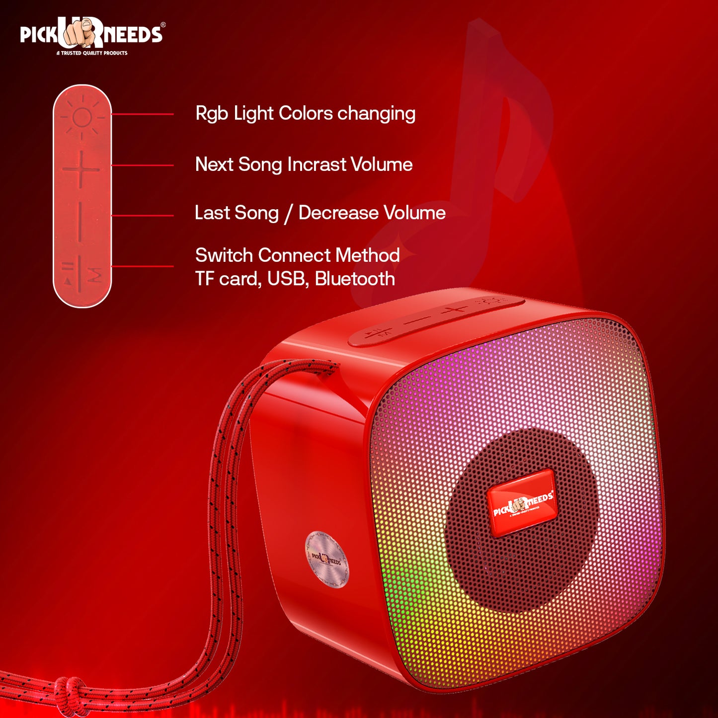 Pick Ur Needs Portable Wireless Speaker With RGB Light TF Card / USB Device / FM Radio Support 5 W Bluetooth Speaker (Black, 5.0 Channel)