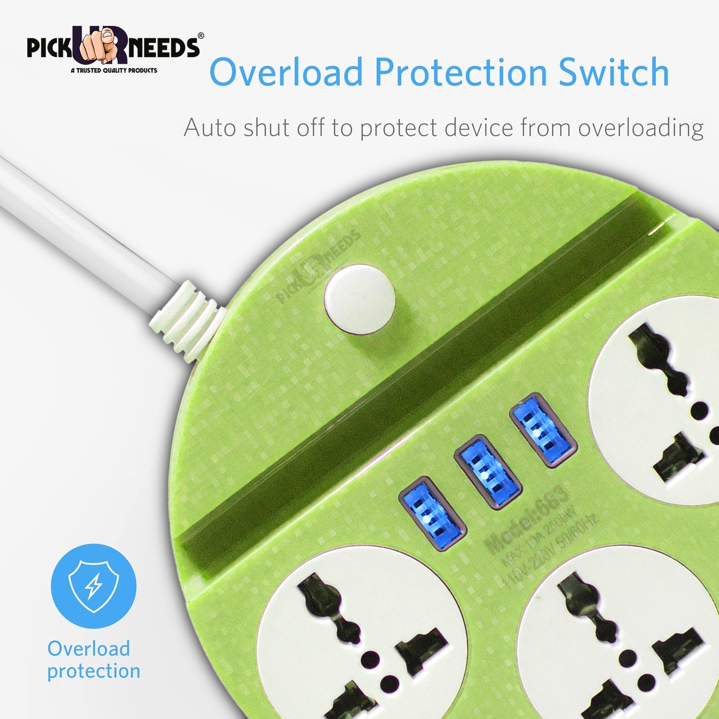 Pick Ur Needs Extension Cord Board with 3 USB Charging Ports and 3 Socket -10 Amp Heavy Duty for Multiple Devices Smartphone Tablet Laptop