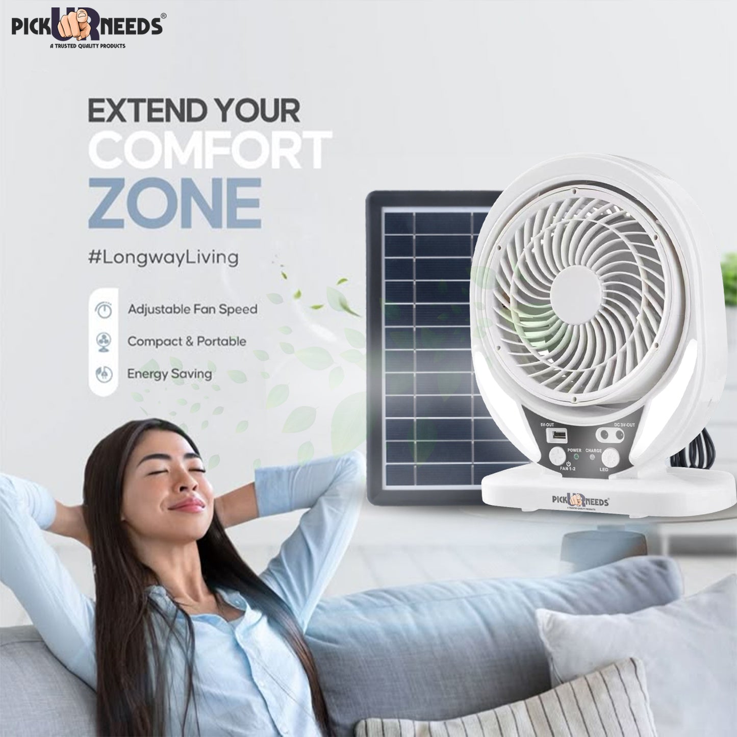 Pick Ur Needs Portable Solar Rechargeble Mini Desk Fan with 2 LED Light Bulb & Solar Panel 4500mAh Battery
