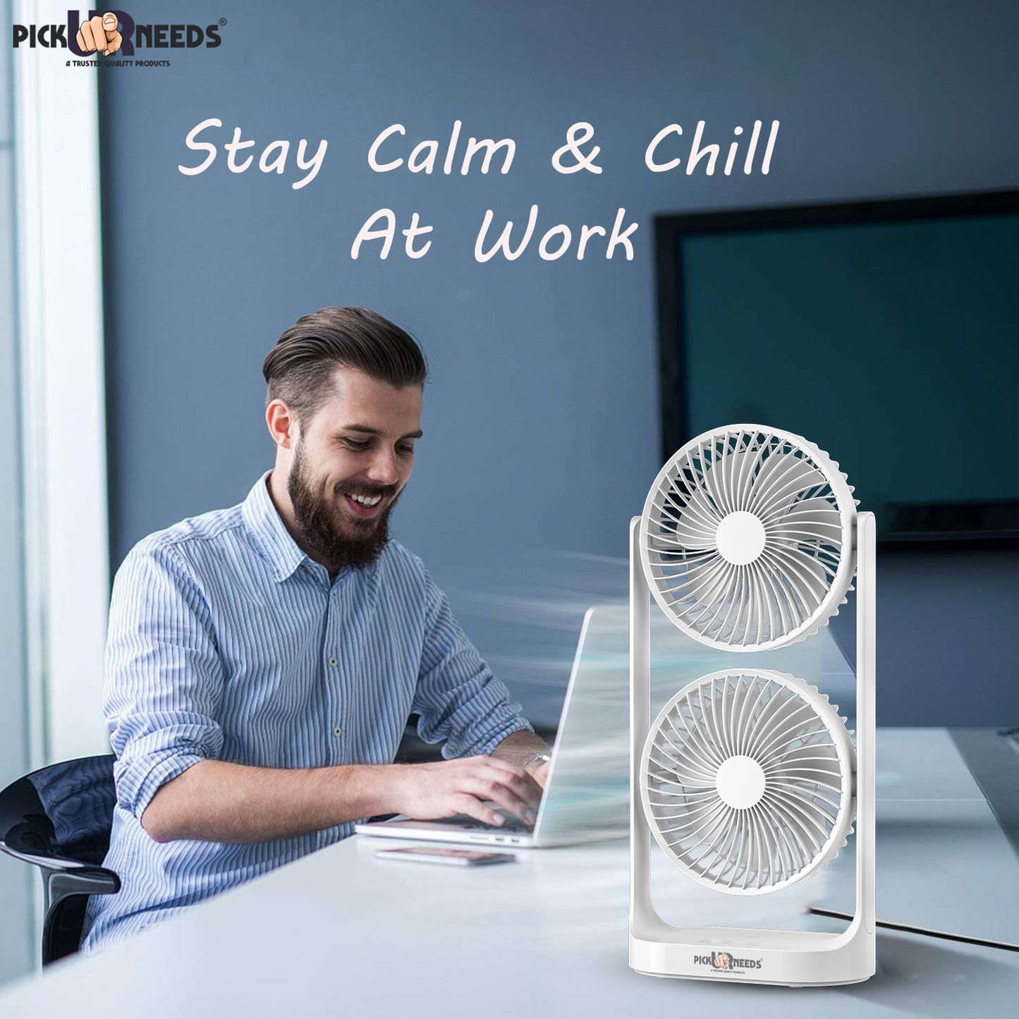 Pick Ur Needs Desk Table Fan Rechargeable Electric Dual Head with Powerful Airflow for Office 4000mAh Battery 3 Speed Mode